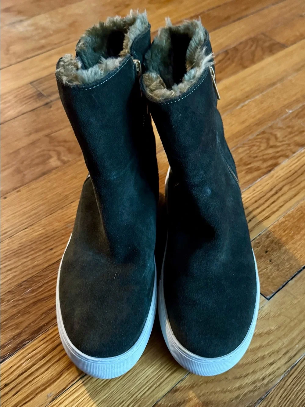 J/SLIDES Black Faux-Suede Fur-Lined Side-Zip Ankle Boots